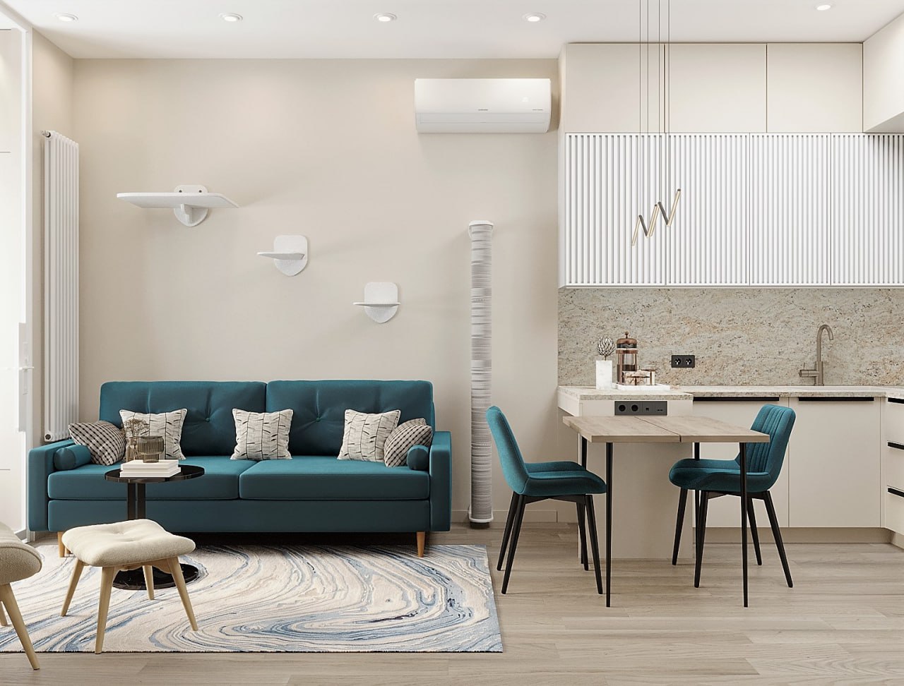 Кухня-гостиная в белых тонах с выраженным бирюзовым акцентом