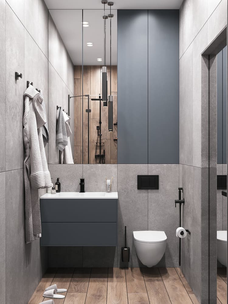 Дизайн небольшой ванной комнаты из крупноформатной плитки в сером цвете