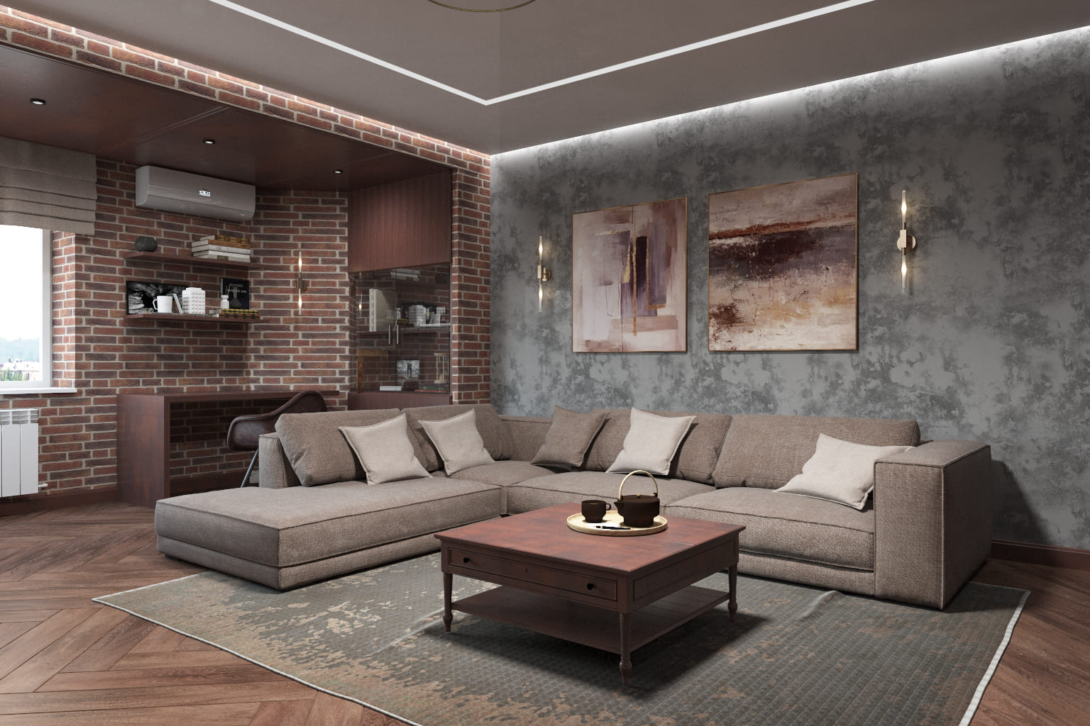 Просторная гостиная в нейтральных тонах и потолочным освещением