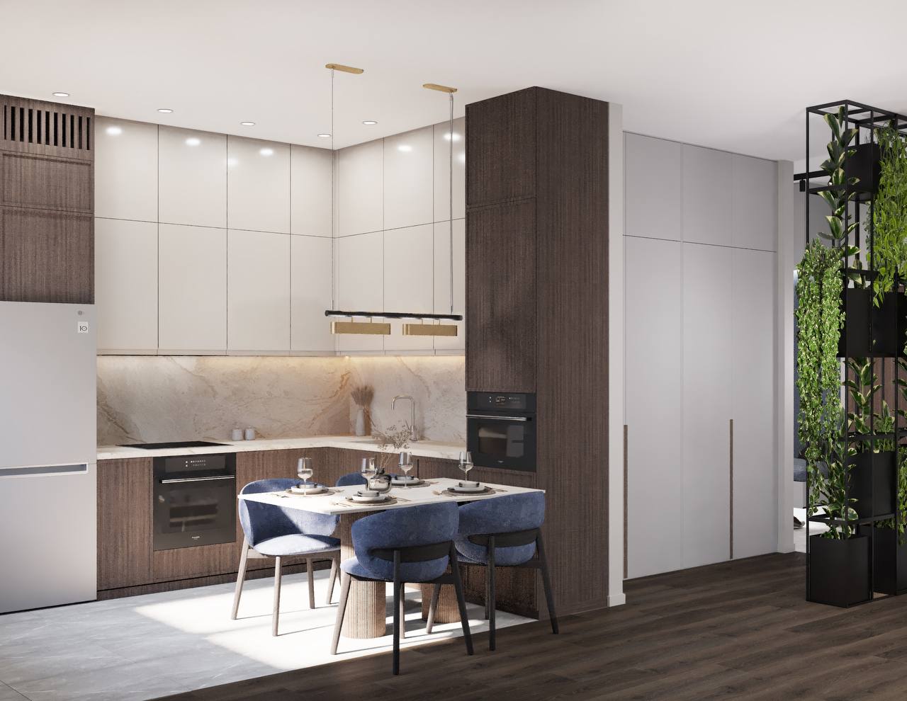 Кухня в светлых тонах с использованием коричневых элементов