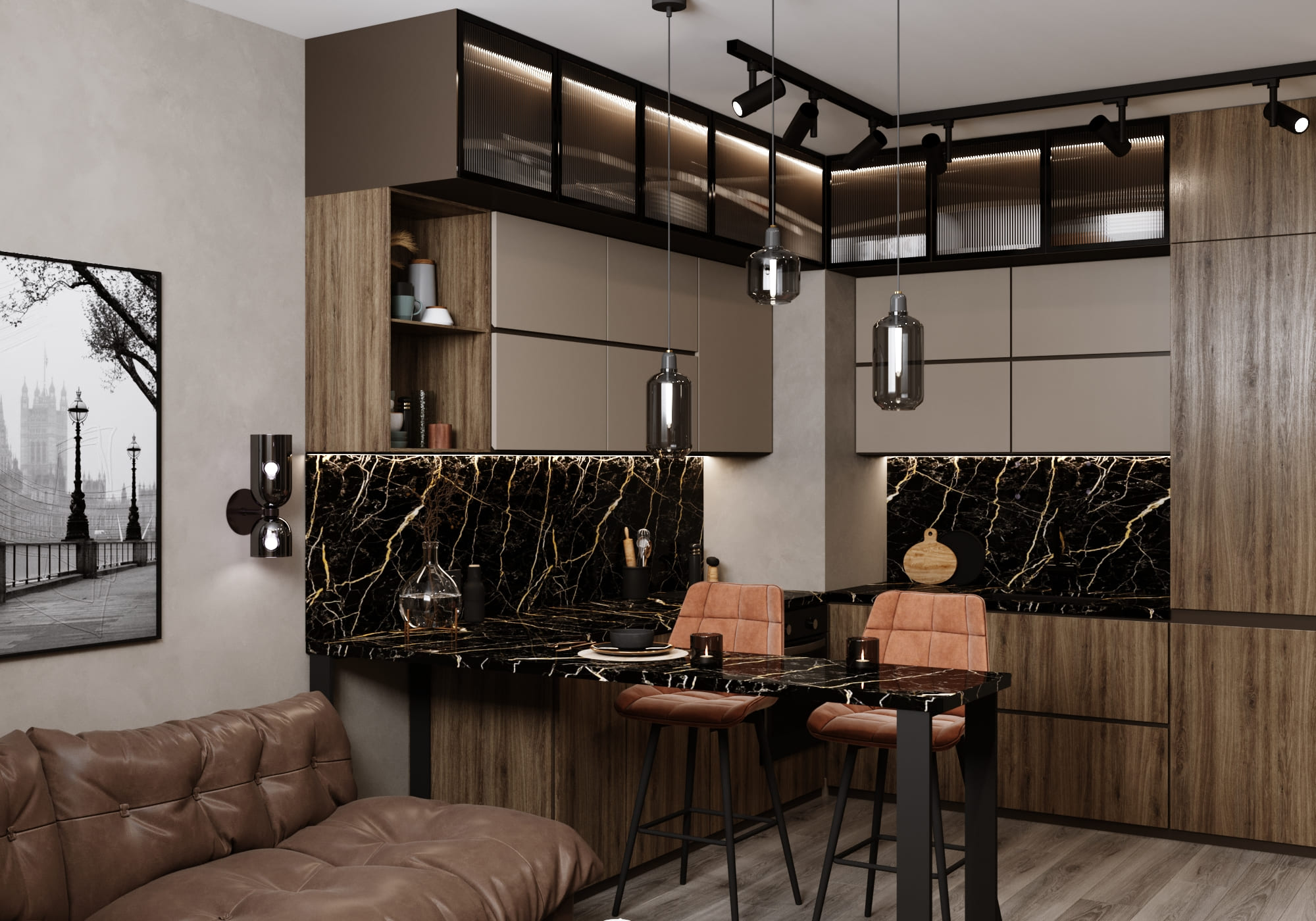 Небольшая кухня-гостиная в насыщенных оттенках с системой хранения до потолка