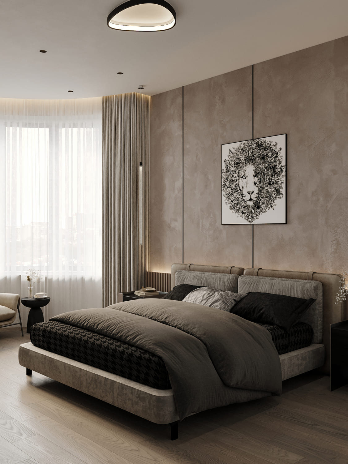 Нежная спальня в шоколадных тонах с продуманным освещением