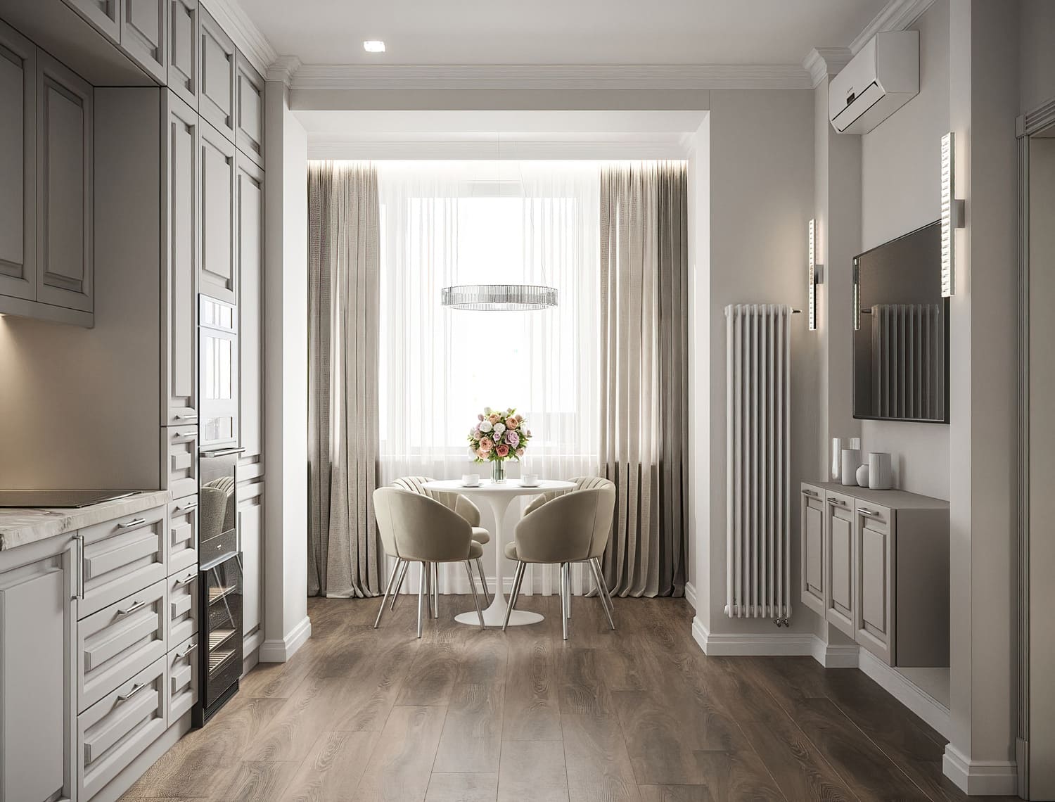 Нежная кухня в современном стиле и продуманным освещением