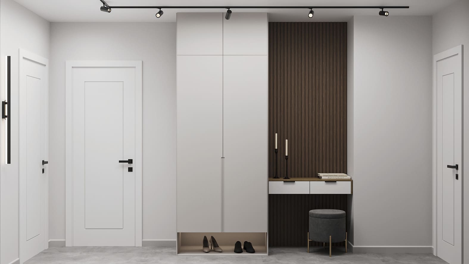 Белая прихожая в современном стиле с коричневым акцентом 