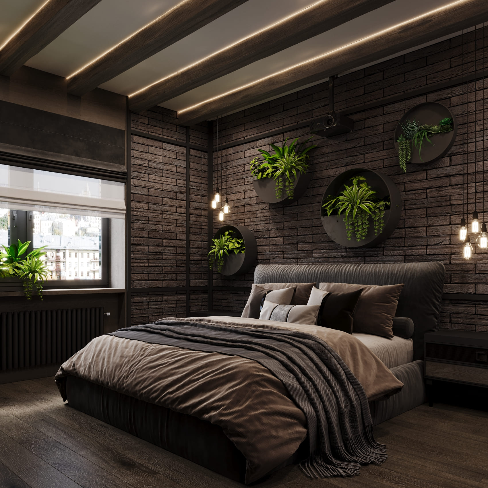 Стильная спальня в темных тонах с растениями в качестве украшения